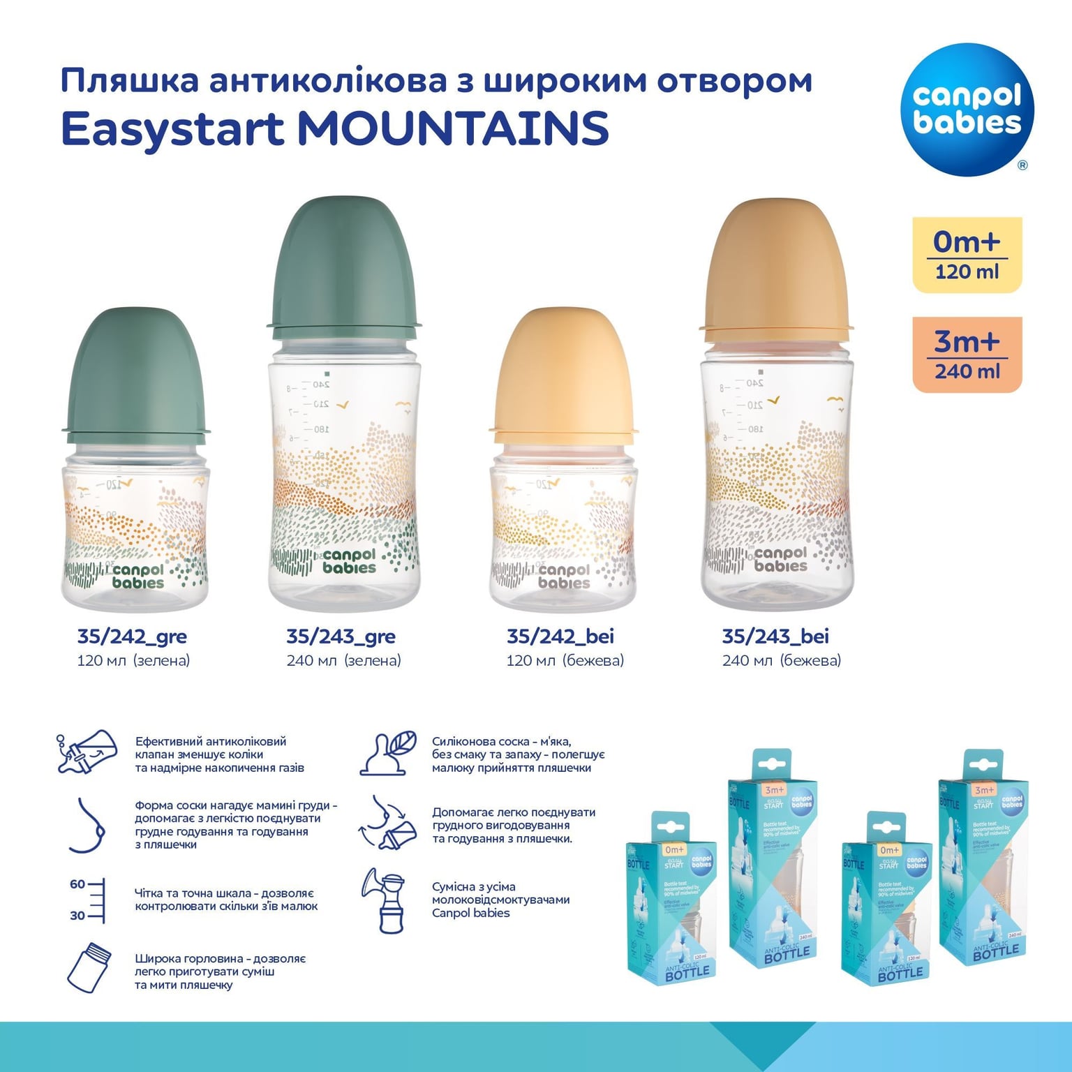 Пляшечка Canpol babies Пляшка антиколікова з широким отвором 120 мл Easystart MOUNTAINS бежевий 0+(р)