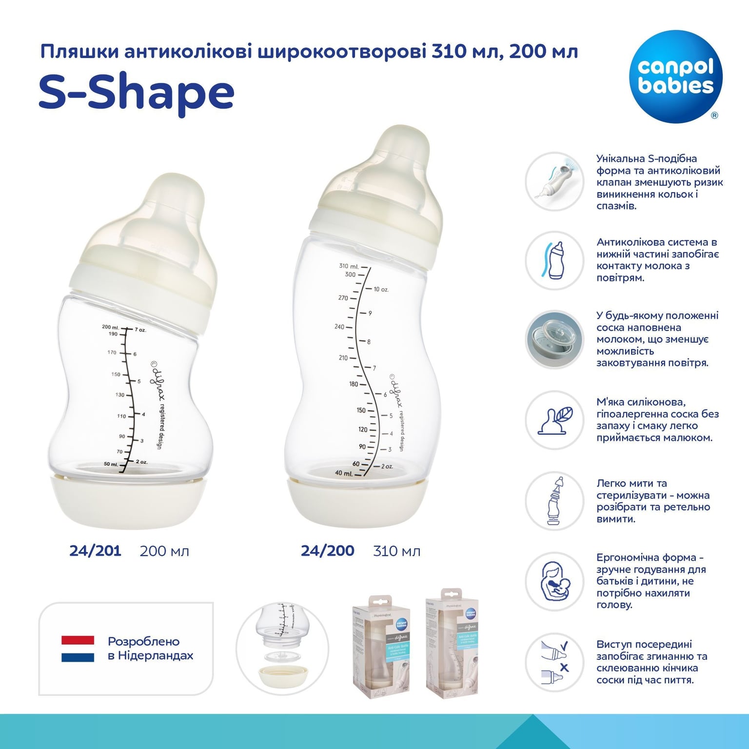 Пляшечка Canpol babies Пляшка антиколікова широкоотворова S-Shape 310 мл молочний 6+(р)