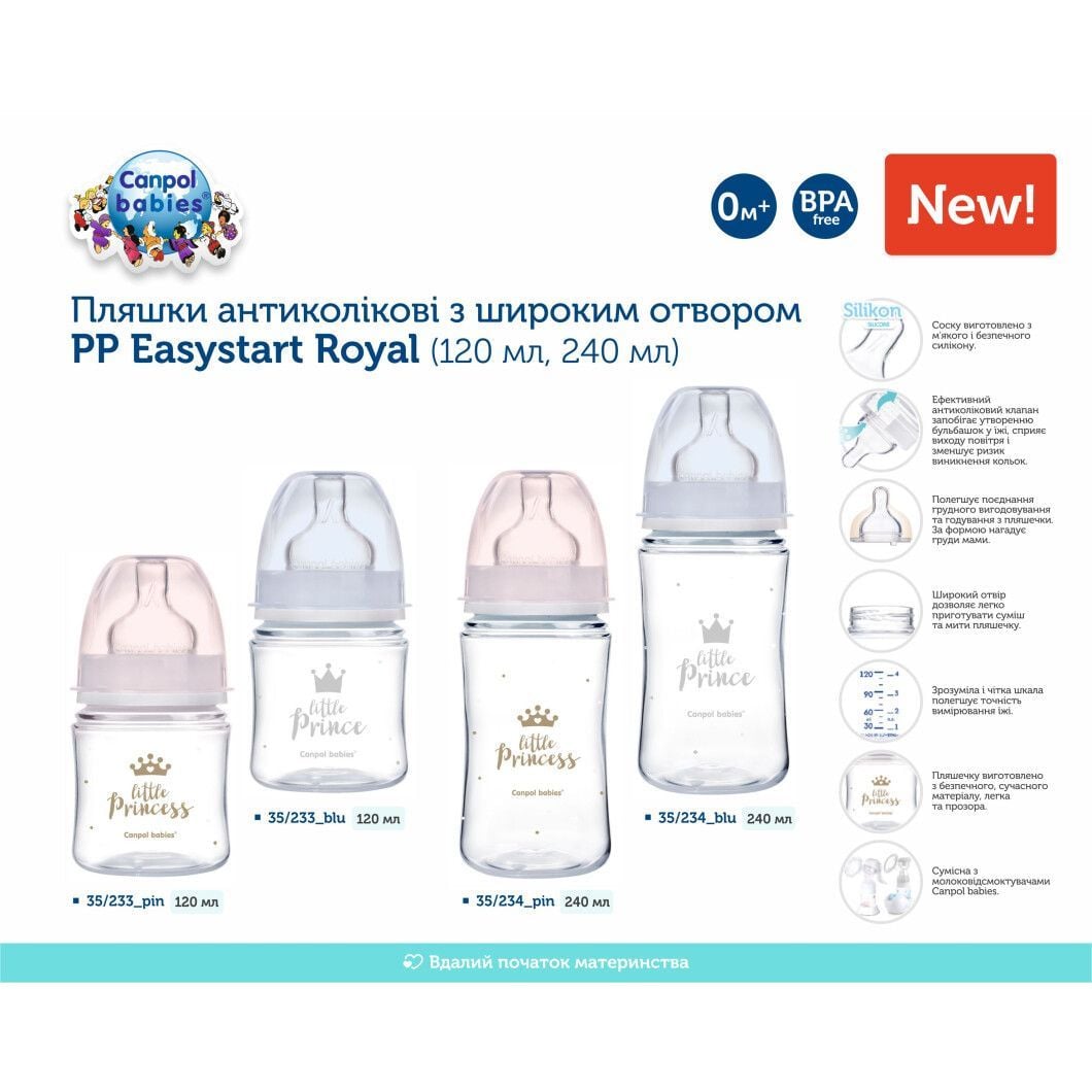 Пляшечка Canpol babies Пляшка антиколікова з широким отвором 120 мл PP Easystart Royal baby рожева-цукерка 120(р)
