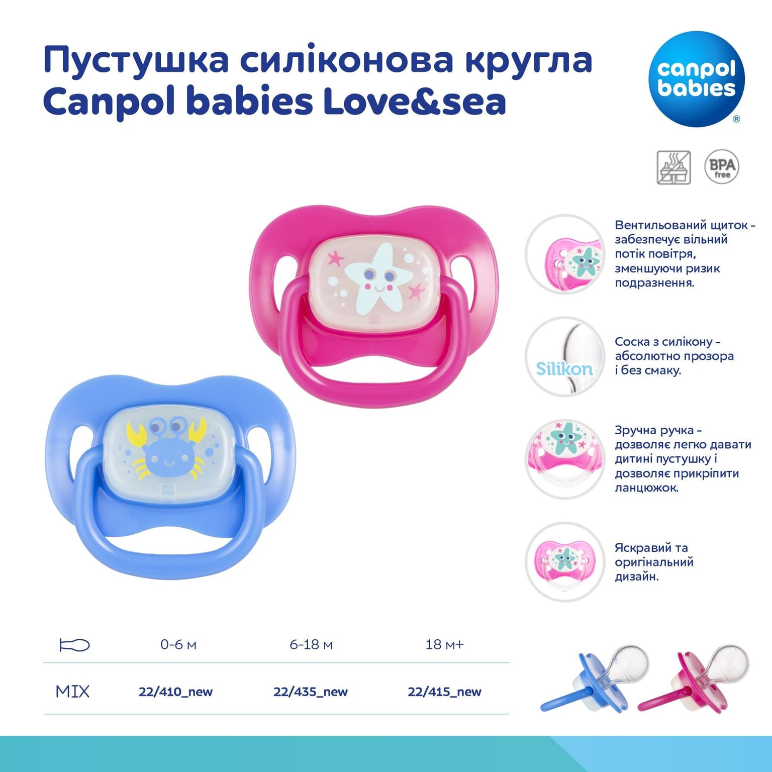 Пустушка Пустушка силіконова кругла Canpol babies 0-6 м-ців Love&sea блакитний 0-6(р)